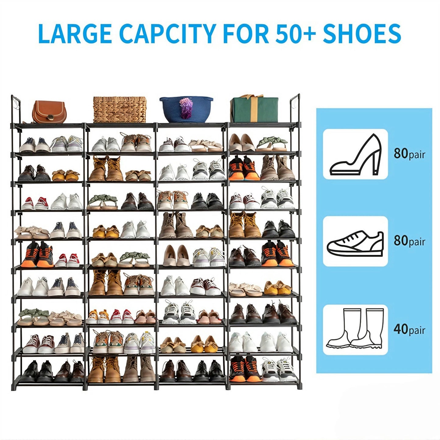 10 Tiers Shoe Rack Organizer for 72 Pairs Space Saving Shoe Storage Shelf for Entryway Closet Bedroom Hallway