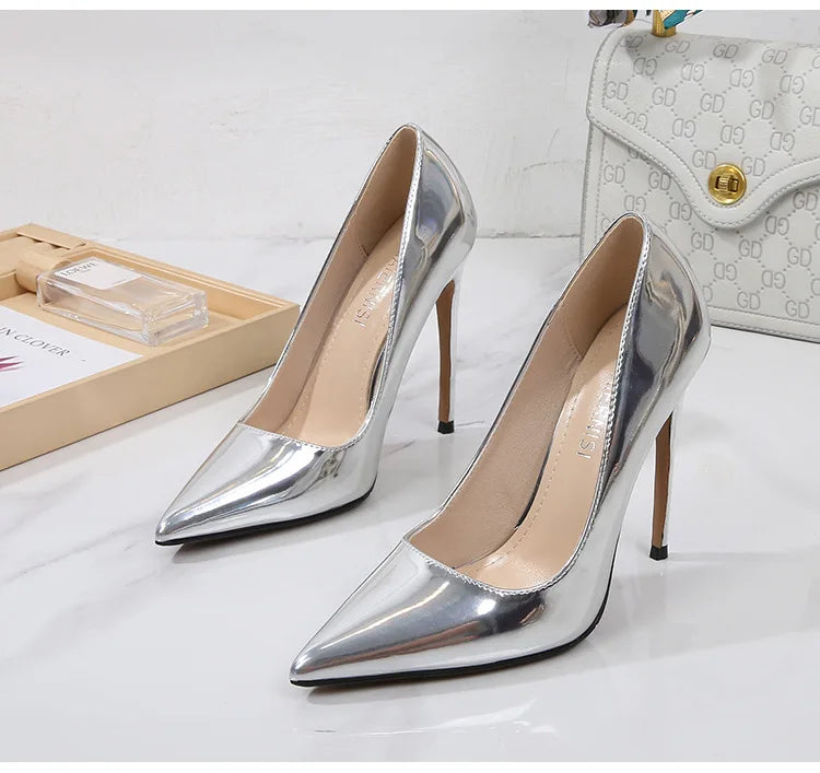High Heels for Women ELEGANT Sweet Fashion British Style Slip-On 12CM Thin Heels Pointed Toe Office Career Women Shoes Gold 46 - Belvar