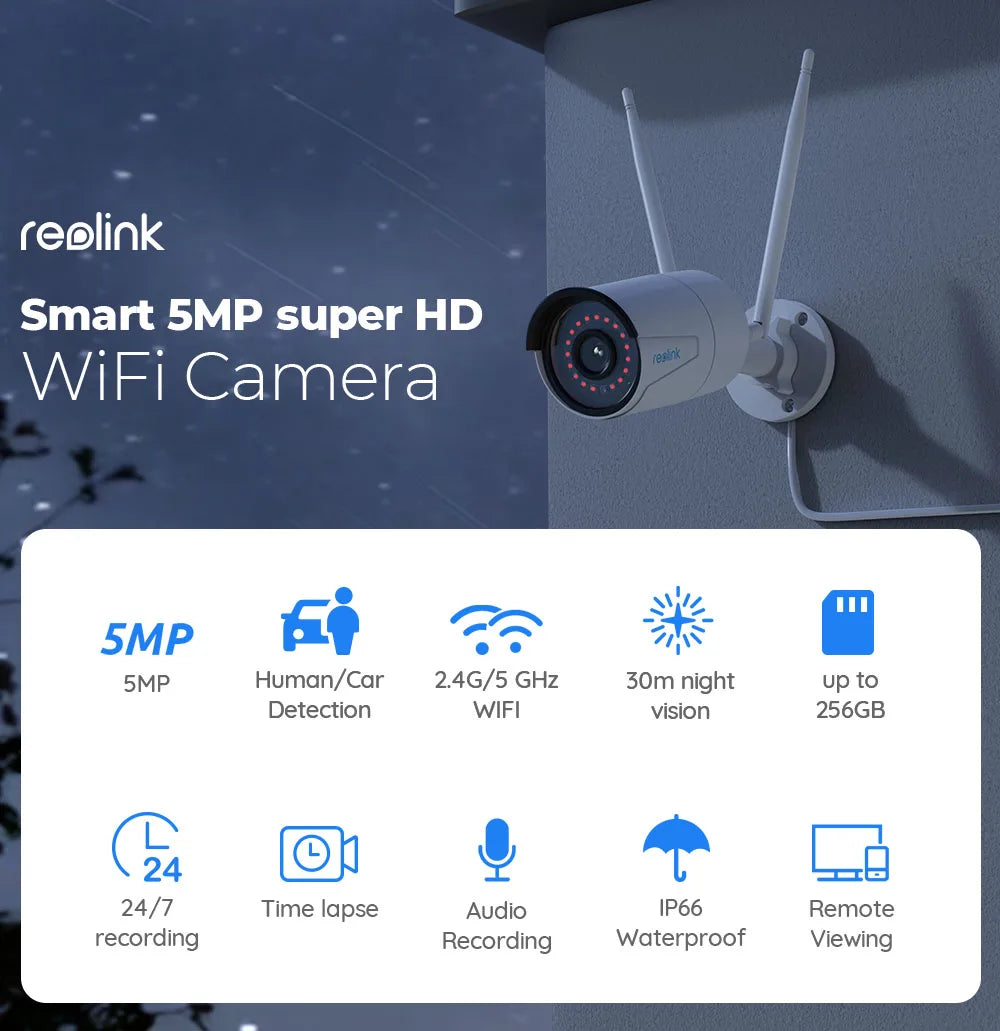 Reolink 5MP WiFi Security Camera 2.4G/5Ghz WiFi Human/Car Detection Surveillance Camera 100ft Night Vision IP67 Waterproof
