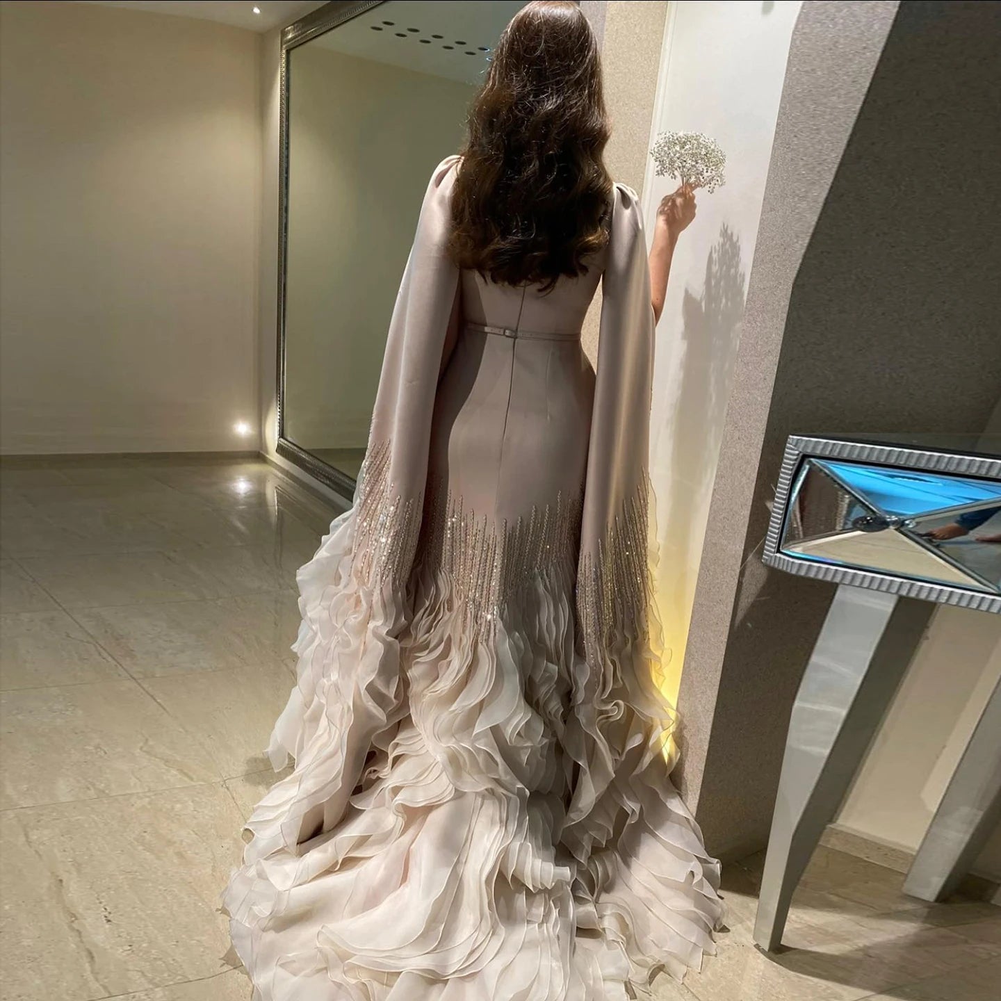 Sharon Said Luxury Dubai Nude Evening Dresses with Cape Sleeves Tiered Ruffles Arabic Women Wedding Party Gowns SS440 Customized