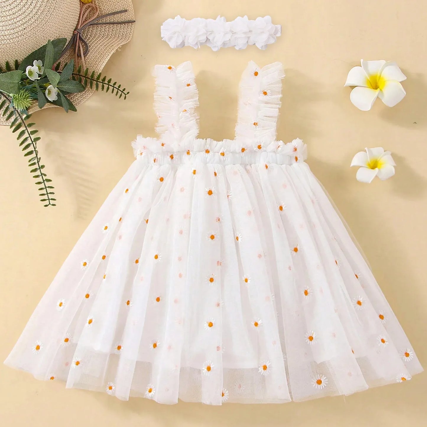 Toddler Baby Girls Tutu Dress Sleeveless Embroidery Floral Print Tulle Dress Little Girl Princess Dresses with Flower Headband