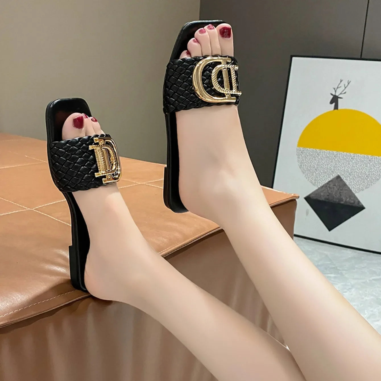 Women Slippers Party Sexy Elegant Slippers Women Luxury Decor Weave Designer Flat Sandals Fashion Open-toe Vacation Slides Women - Belvar