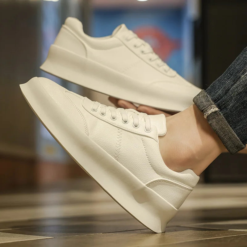 Original Men's Sneakers New Thick-soled Small White Shoes Casual Sports Flat Heel Round Toe Comfortable Trend Fashion Elastic PU - Belvar