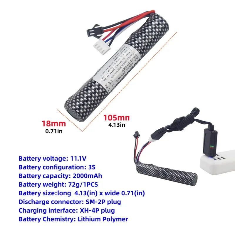 3S 11.1V 2000mAh Li-ion Battery SM2P Plug with USB Charger Compatible with Airsoft Gel Water Bead Blaster Rechargeable Batteries