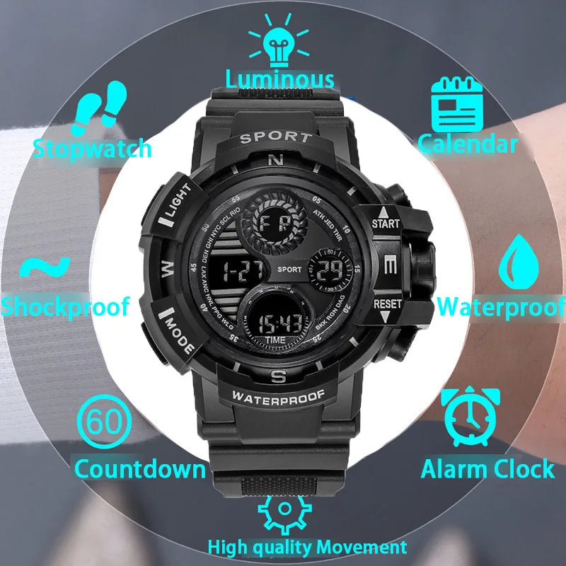 YIKAZE Men's Digital Electronic Watch Sports Glow 55mm Large Dial Student Outdoor Adventure Trend Multifunctional Watches Clock