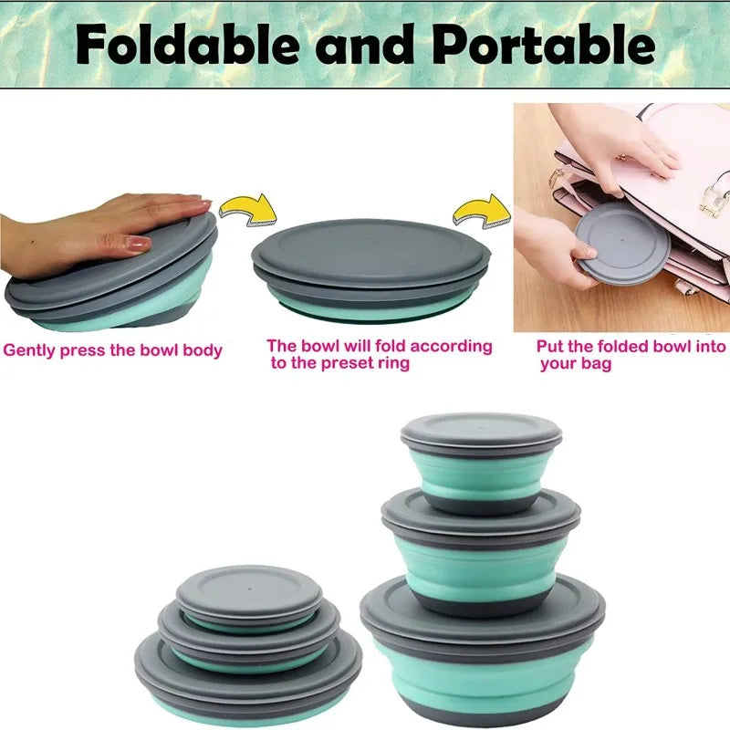 3Pcs/Set Bowl Sets Silicone Folding Lunch Box Folding Bowl Portable Silicone Folding Bowl Kitchen Outdoor Camping Tableware
