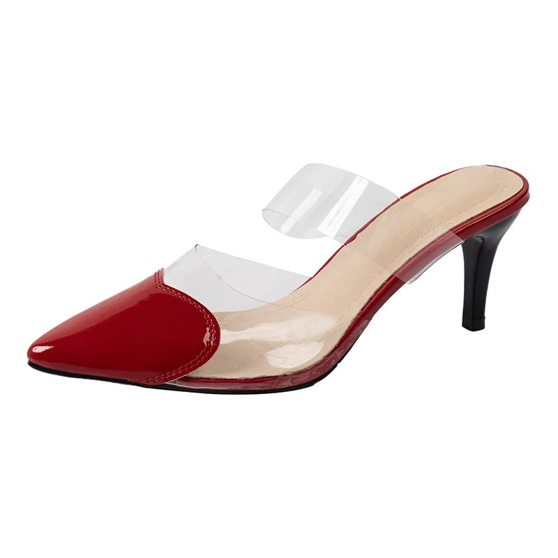 Pointed Toe Slippers,2024 High Heeled Summer Shoes,Transparent PVC Slides,Outside Wearing,Slip On,Black,White,Red,35-40,Dropship - Belvar
