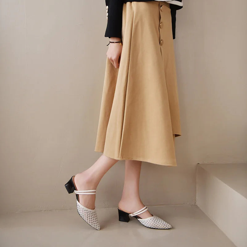 Women's New Slippers Minimalist Fashionable Thick-heeled Slip-on Sandals Summer Two-way Outer Wear One Line High Heel Slippers - Belvar