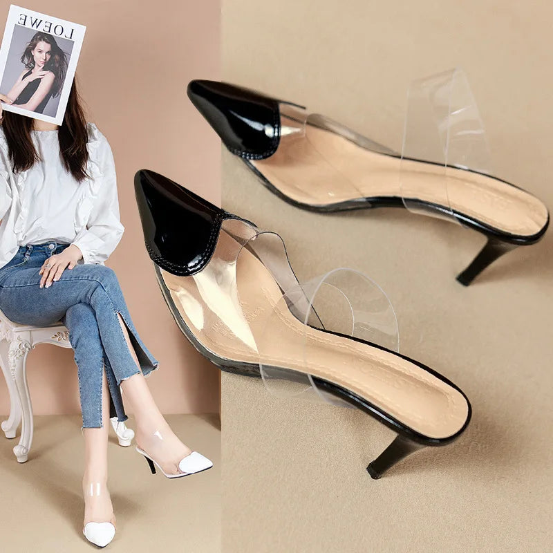 Pointed Toe Slippers,2024 High Heeled Summer Shoes,Transparent PVC Slides,Outside Wearing,Slip On,Black,White,Red,35-40,Dropship - Belvar