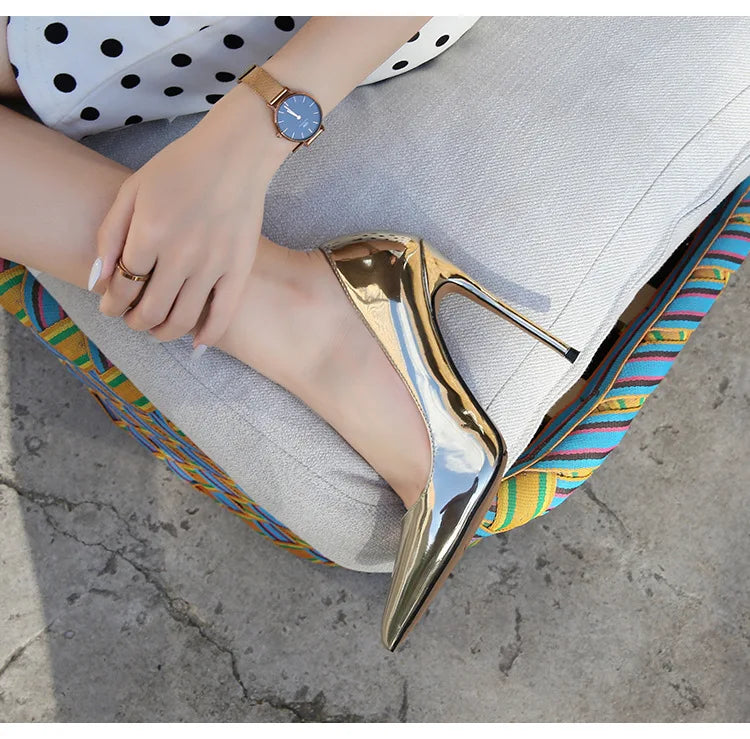 High Heels for Women ELEGANT Sweet Fashion British Style Slip-On 12CM Thin Heels Pointed Toe Office Career Women Shoes Gold 46 - Belvar