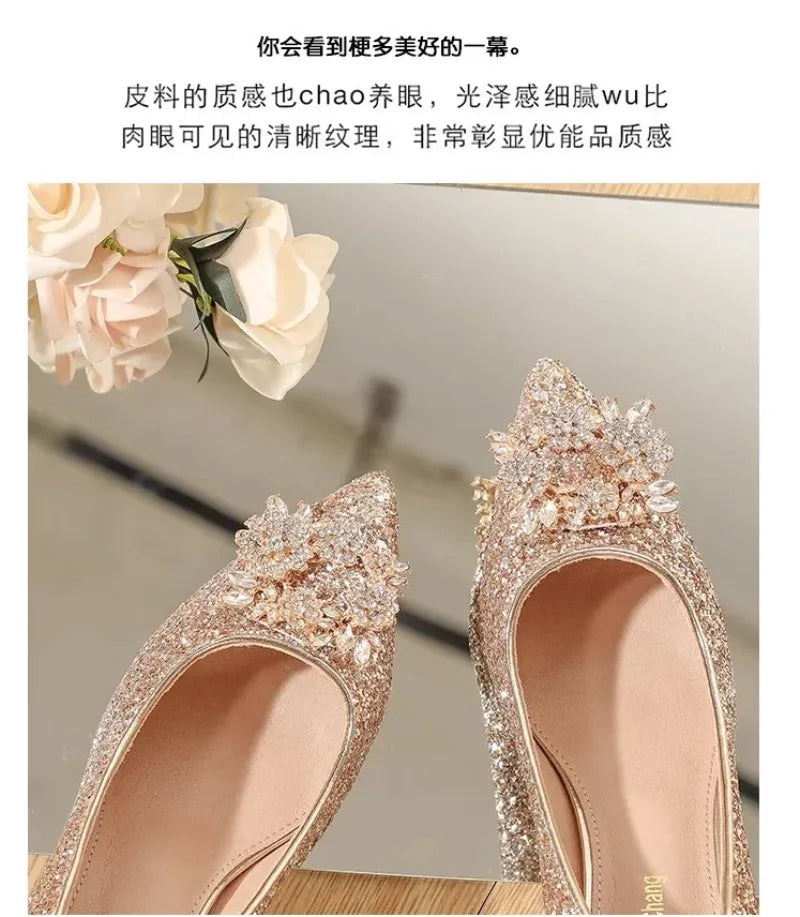 Womens High Heel Shoes Fad Elegant Crystal Pointed Toe Pumps Retro Shallow Mouth Banquet Party Wedding Women Shoes Zapatos Mujer - Belvar