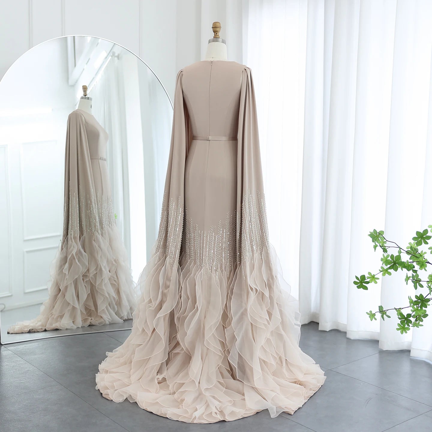 Sharon Said Luxury Dubai Nude Evening Dresses with Cape Sleeves Tiered Ruffles Arabic Women Wedding Party Gowns SS440 Customized