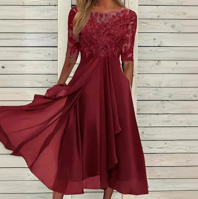 Womens Dresses Romantic Simple Dress With Chiffon Patchwork Lace Hollow Out Long Dress Bridesmaid Evening Dress Women's Wear