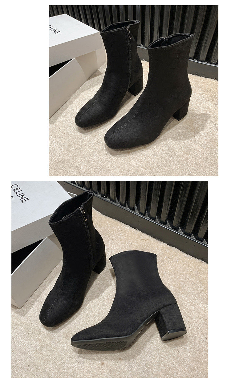 Ladies Shoes on Sale 2023 Zipper Women's Boots Autumn Square Toe Solid Short Barrel Shoes Female Chunky Heel Rider Boots Zapatos - Belvar