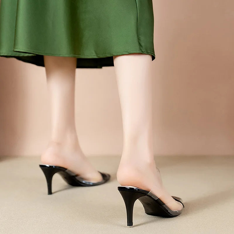 Pointed Toe Slippers,2024 High Heeled Summer Shoes,Transparent PVC Slides,Outside Wearing,Slip On,Black,White,Red,35-40,Dropship - Belvar