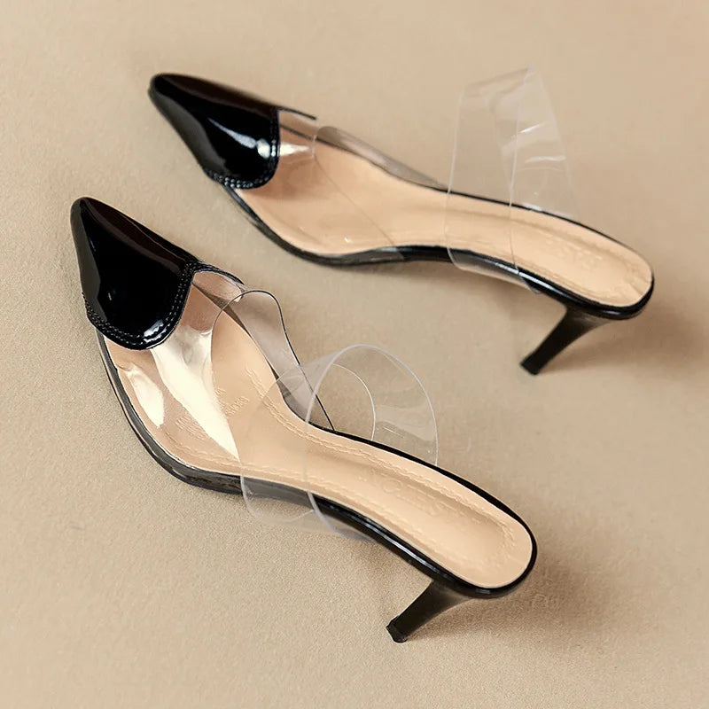 Pointed Toe Slippers,2024 High Heeled Summer Shoes,Transparent PVC Slides,Outside Wearing,Slip On,Black,White,Red,35-40,Dropship - Belvar
