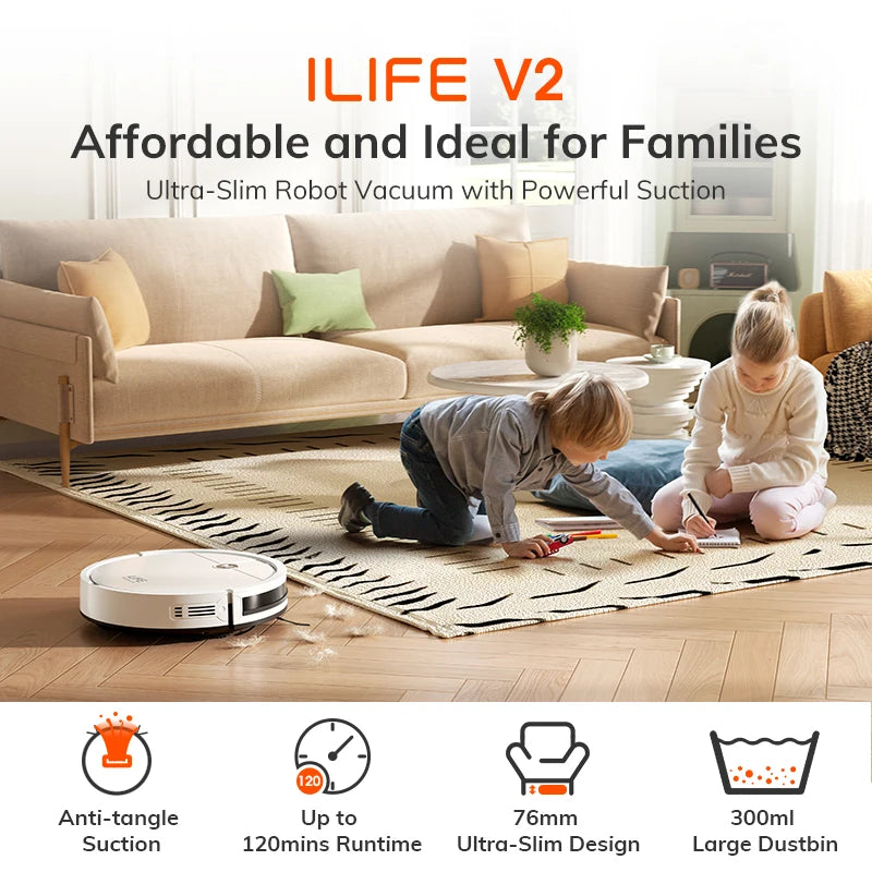  ILIFE V2 Robot Vacuum Cleaner, 120 Min Runtime, Self-Charging Robotic Vacuum, Slim, Quiet, Ideal for Pet Hair and Hard Floors