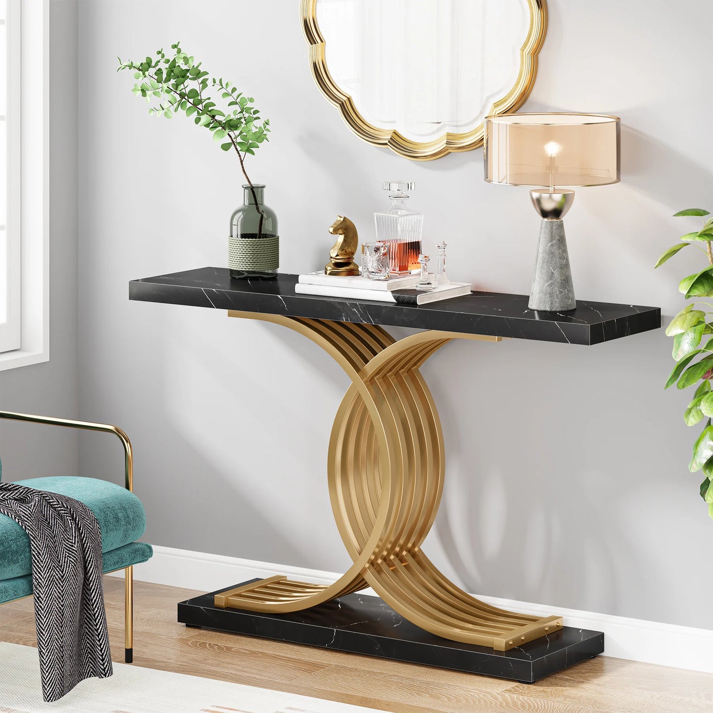 Tribesigns Gold Entryway Table, Modern 39-Inch Console Faux Marble Narrow Wood Sofa with Geometric Metal Legs