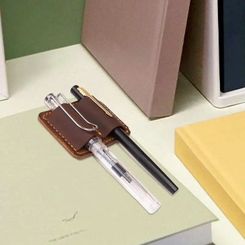 Retro Pen Pencil Holder Double Pen Clip PU Anti Lost Pen Organizer For Travel Notebook Pen Insertion Stainless Steel Pen Cover