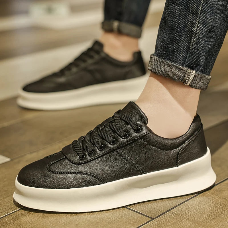 Original Men's Sneakers New Thick-soled Small White Shoes Casual Sports Flat Heel Round Toe Comfortable Trend Fashion Elastic PU - Belvar
