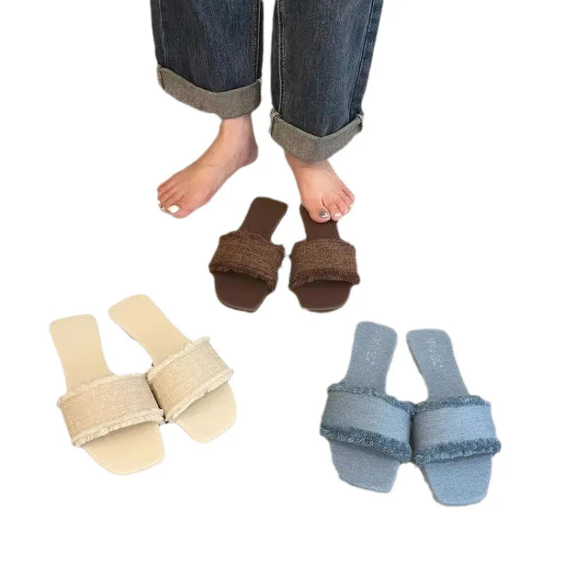 Women's Slippers Solid Color Open-toe Set Foot Vacation Beach Flat Sandals Casual Flip Flops Summer Indoor Women Slides Shoes - Belvar
