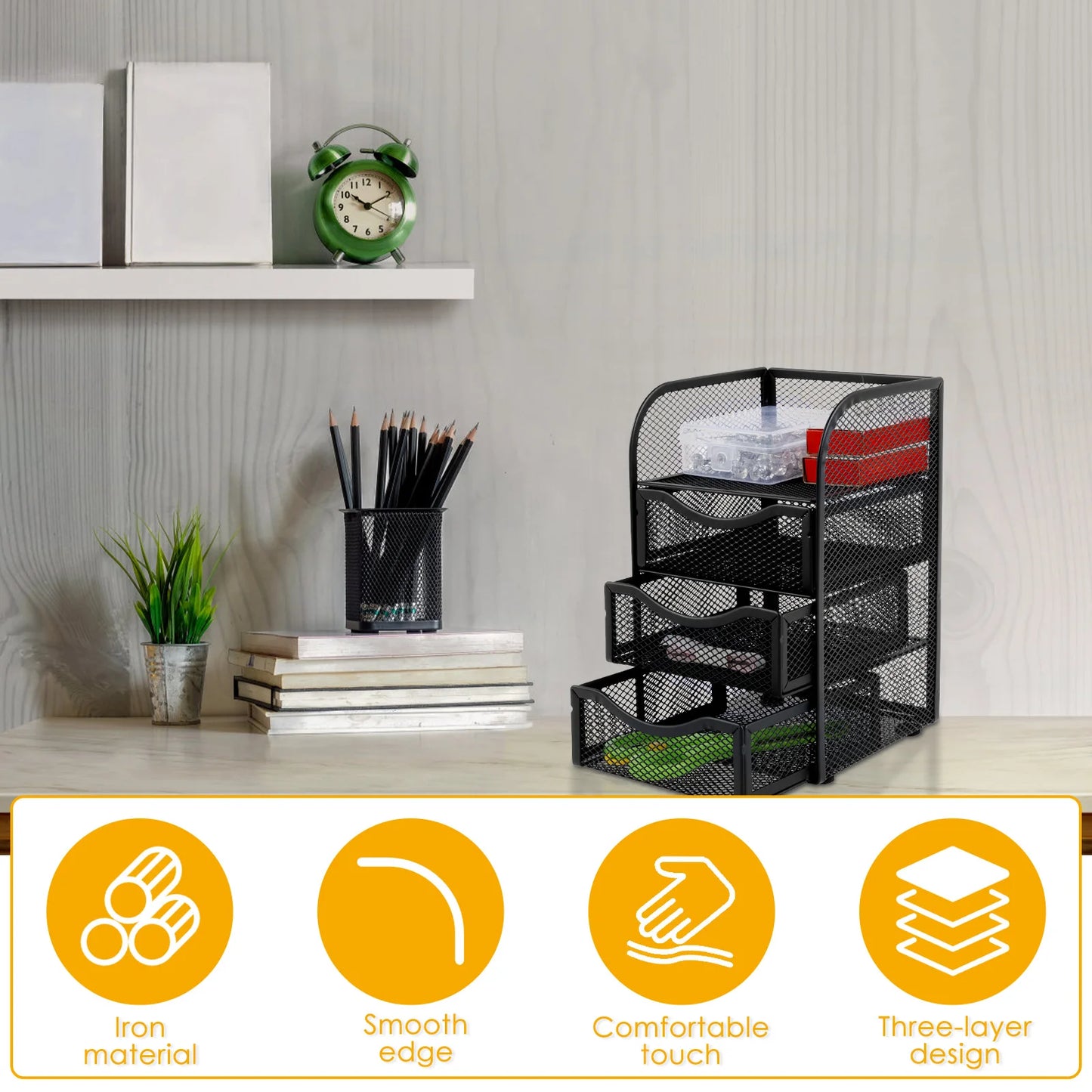 4 Layer Mesh Desk Organizer Large Capacity Stationery Organizer Box with Drawer Multifunctional Office Supplies for Home School