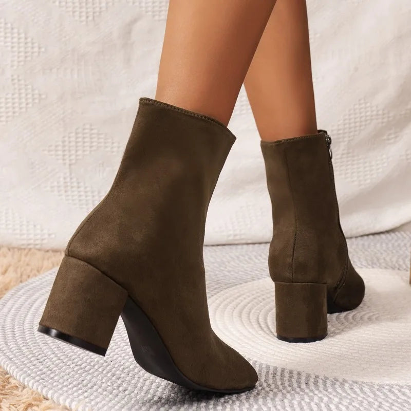Ladies Shoes on Sale 2023 Zipper Women's Boots Autumn Square Toe Solid Short Barrel Shoes Female Chunky Heel Rider Boots Zapatos - Belvar