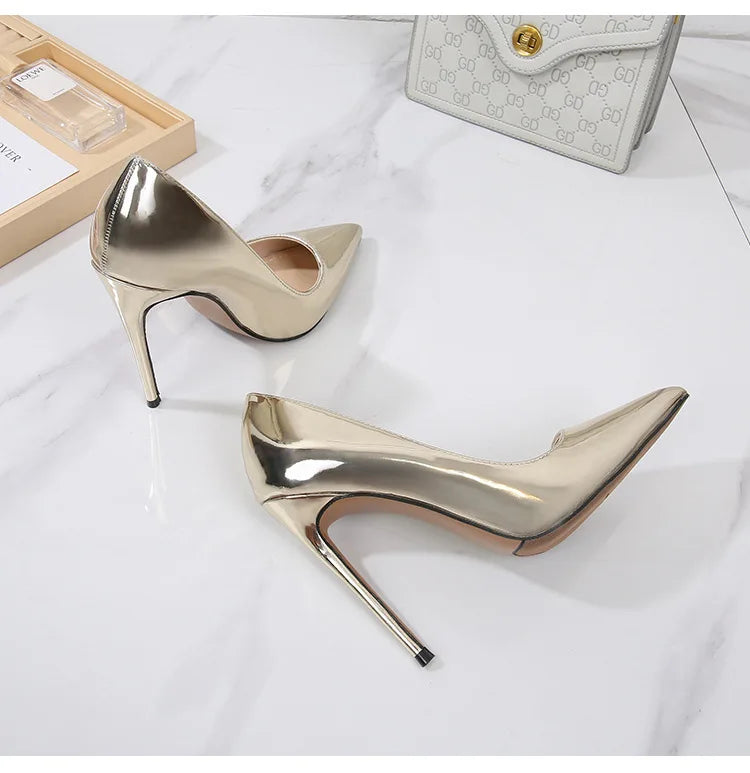 High Heels for Women ELEGANT Sweet Fashion British Style Slip-On 12CM Thin Heels Pointed Toe Office Career Women Shoes Gold 46 - Belvar