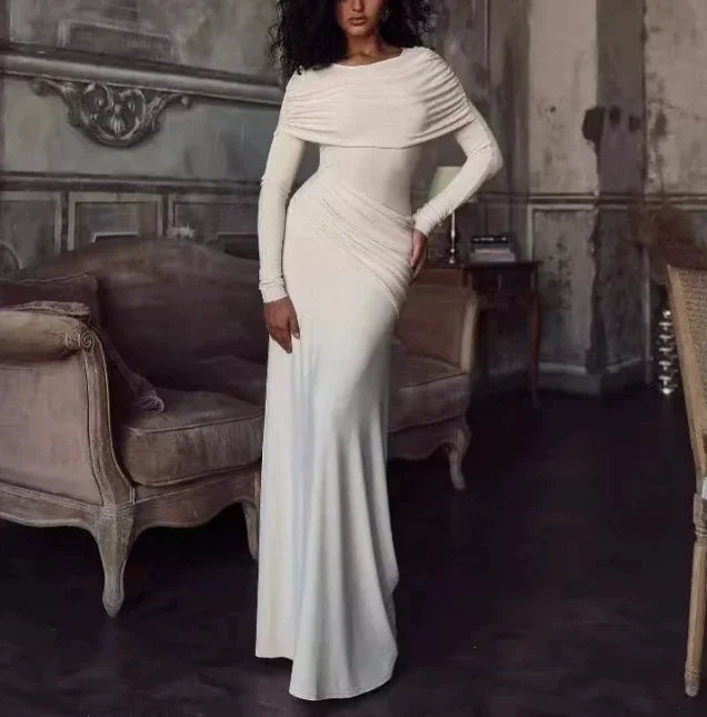 Womens Dresses Spring New Round Neck Long Sleeves Elegant Temperament Ruched Waist Cinching Skinny Evening long Dress