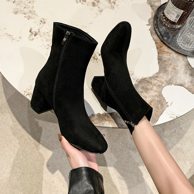 Ladies Shoes on Sale 2023 Zipper Women's Boots Autumn Square Toe Solid Short Barrel Shoes Female Chunky Heel Rider Boots Zapatos - Belvar