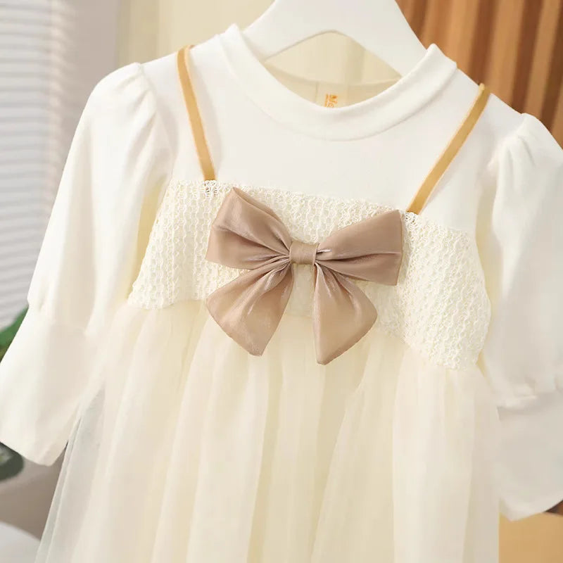 Toddler Baby Dresses For Girls Cotton Long Sleeve Mesh Bow Lace Girls Dress Fashion Princess Clothes For Kids Spring Autumn