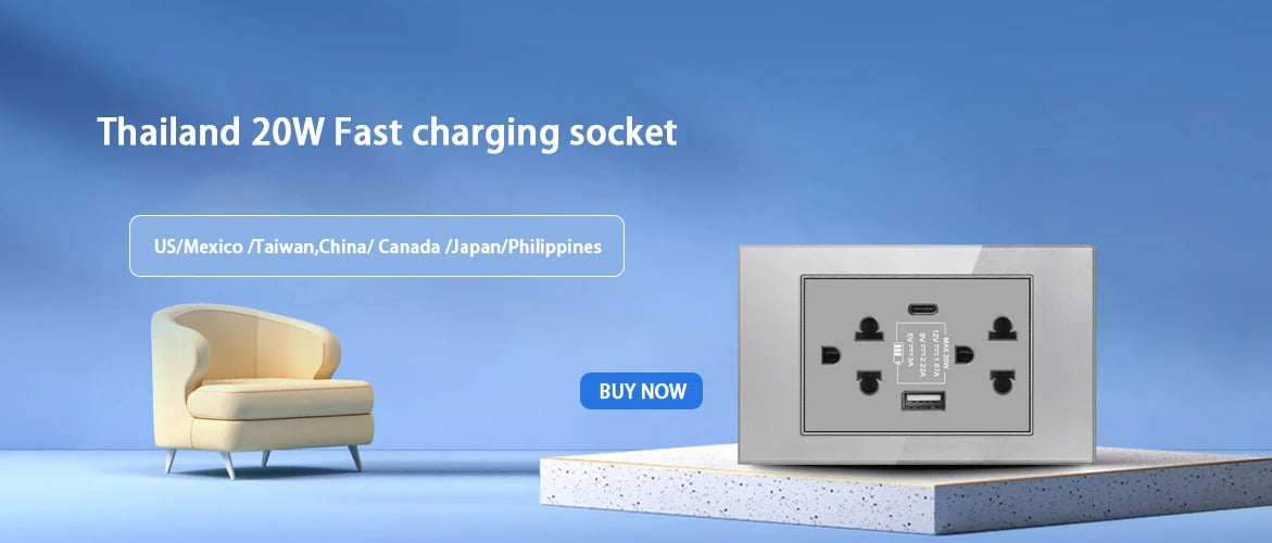 US Wall Switch Power Socket with USB Type-c Quick Charger,American Mexico White Tempered Glass Plug Outlet,Light Switch Panel