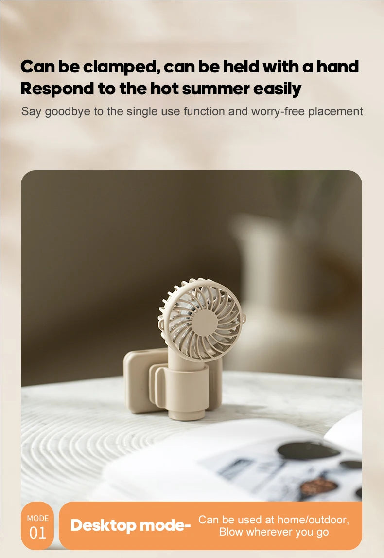 Portable Multifunctional Mini Clip Fan USB Rechargeable 1000mAh 3 Wind Speeds Adjustable Silent Handheld Fan for Travel Umbrella