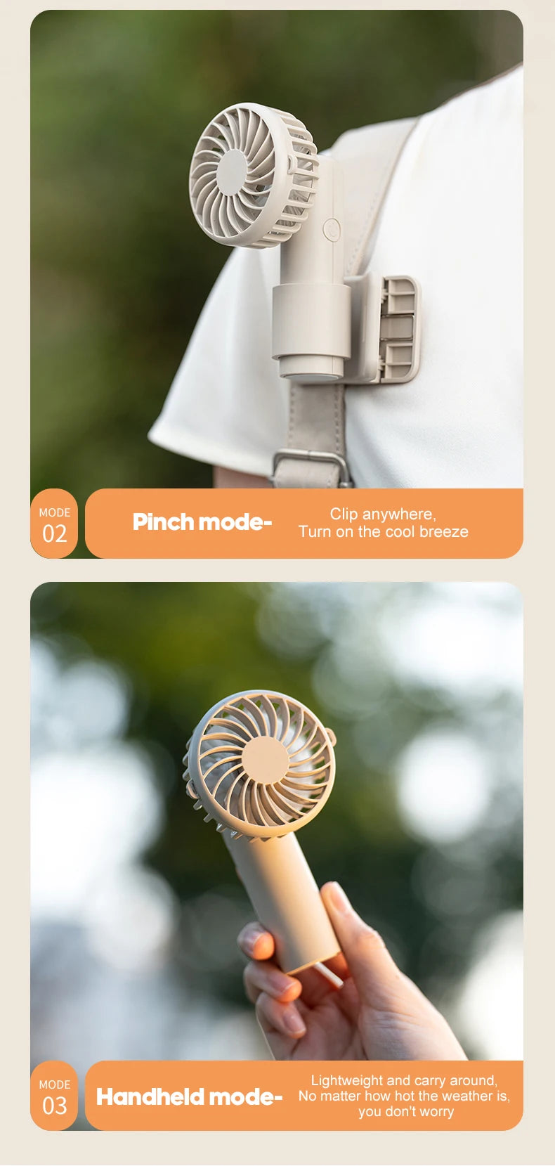 Portable Multifunctional Mini Clip Fan USB Rechargeable 1000mAh 3 Wind Speeds Adjustable Silent Handheld Fan for Travel Umbrella