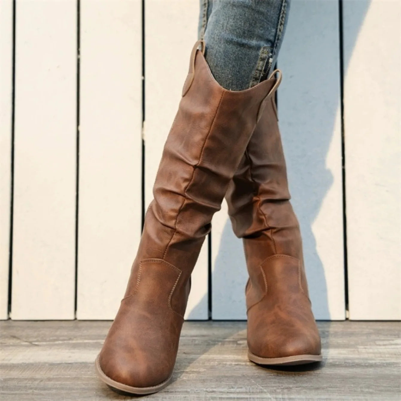 Shoes for Women New Slip-on Fashion Women Boots Sewing Daily Round Toe Square Heel Mid Boots Women Comfortable Pleated Boots