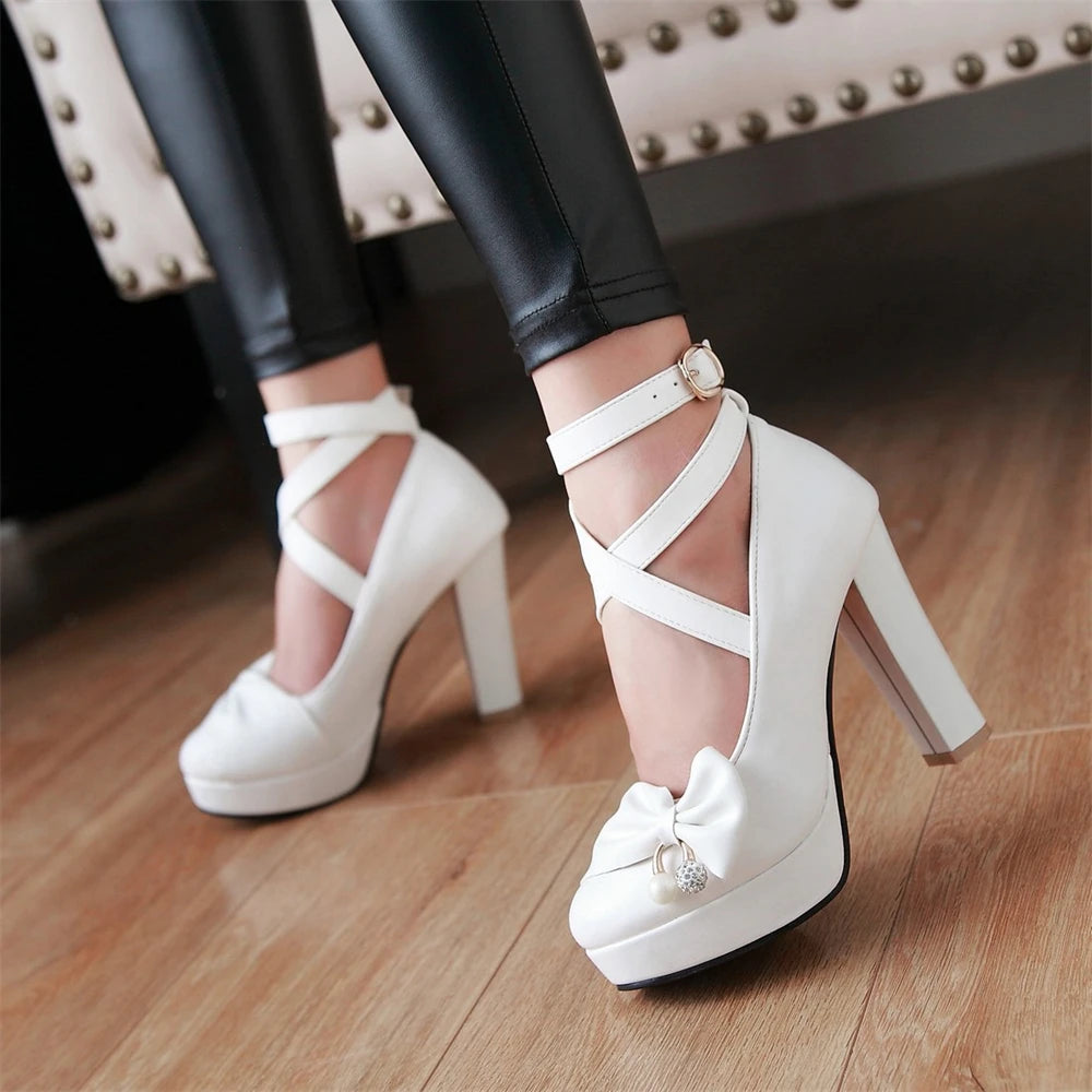 High Heels Women 2025 Trend Chunky Heels Platform Lolita Mary Jane Elegant Party Korean Shoes Dress White The Glossy Fashion - Belvar