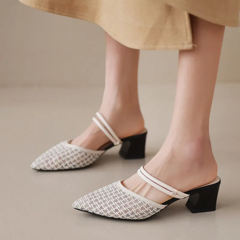 Women's New Slippers Minimalist Fashionable Thick-heeled Slip-on Sandals Summer Two-way Outer Wear One Line High Heel Slippers - Belvar