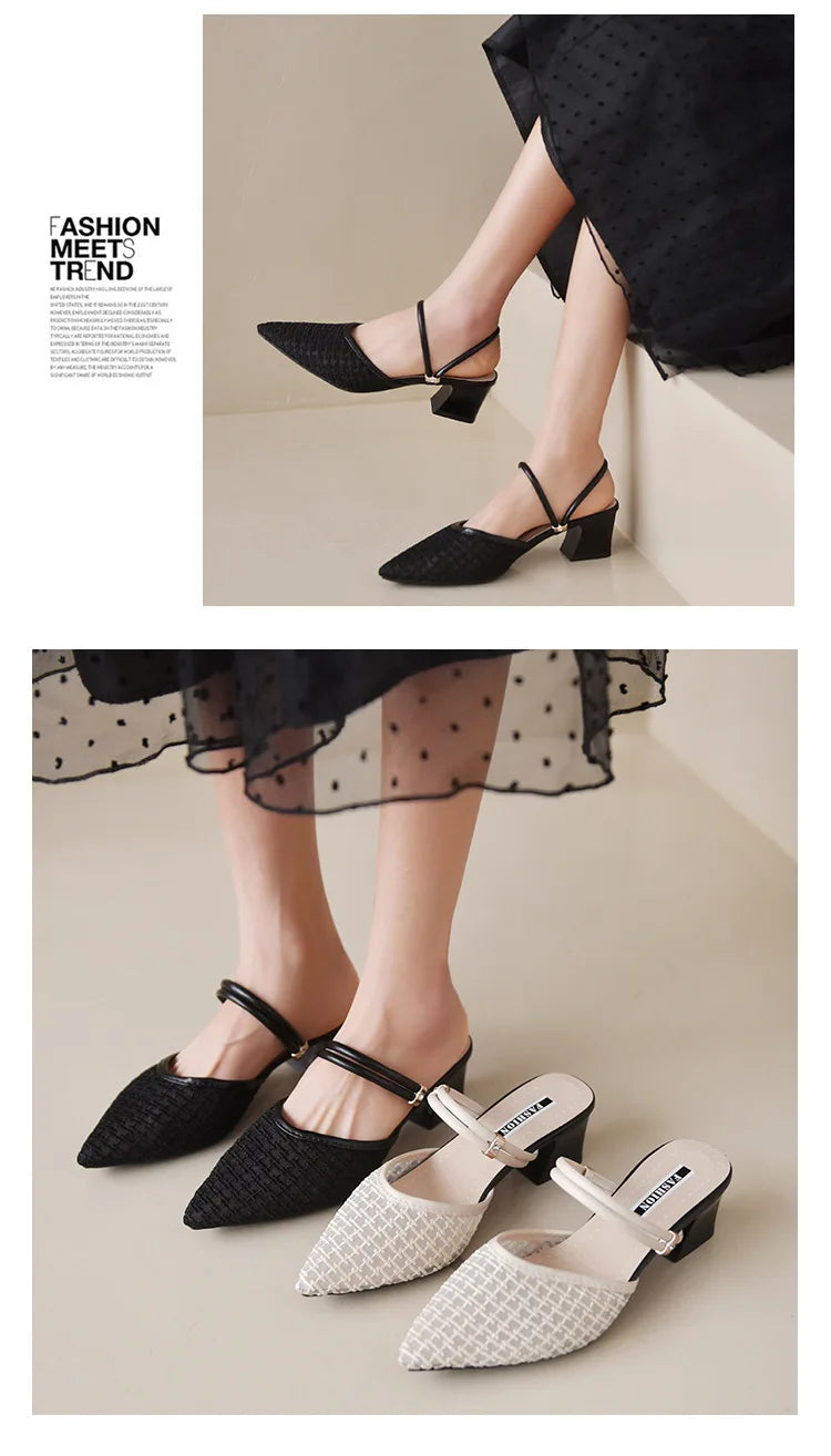 Women's New Slippers Minimalist Fashionable Thick-heeled Slip-on Sandals Summer Two-way Outer Wear One Line High Heel Slippers - Belvar