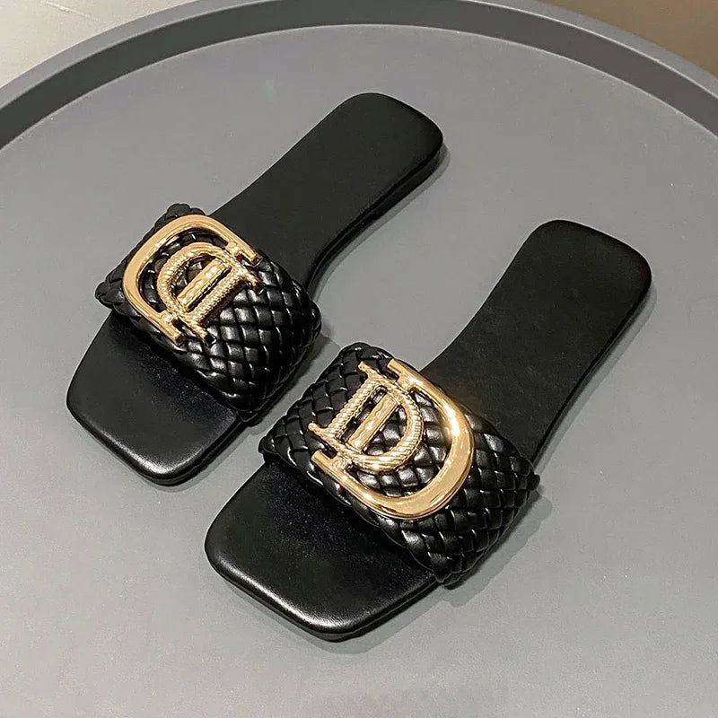 Women Slippers Party Sexy Elegant Slippers Women Luxury Decor Weave Designer Flat Sandals Fashion Open-toe Vacation Slides Women - Belvar