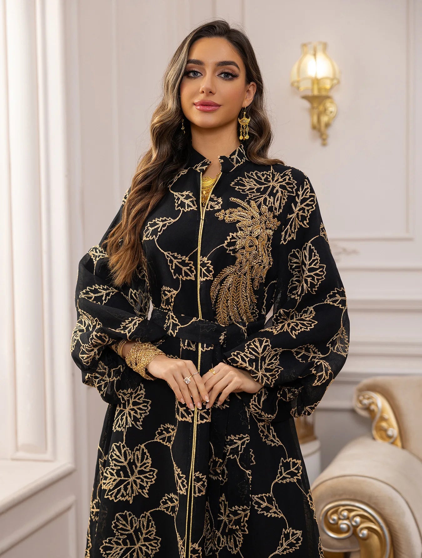 2025 Dubai Luxury Muslim Abaya Gold Floral Embroidered Long Dress Elegant Modest Islam Outerwear for in the MIddle East Women