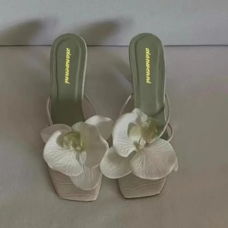 Brand Shoes Female 2025 Summer New Elegant Flowers Design Women's Slippers Casual Fashionable Outer Wear High Heel Slides Women - Belvar