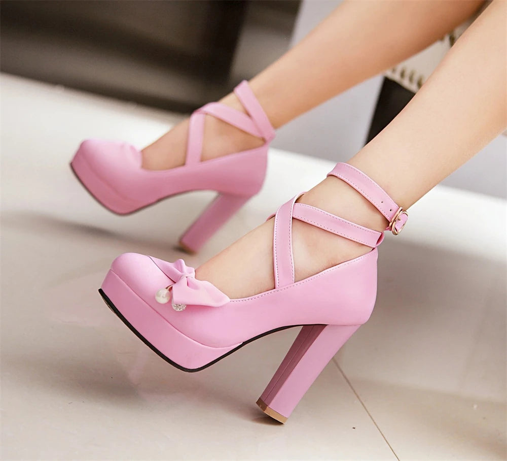 High Heels Women 2025 Trend Chunky Heels Platform Lolita Mary Jane Elegant Party Korean Shoes Dress White The Glossy Fashion - Belvar
