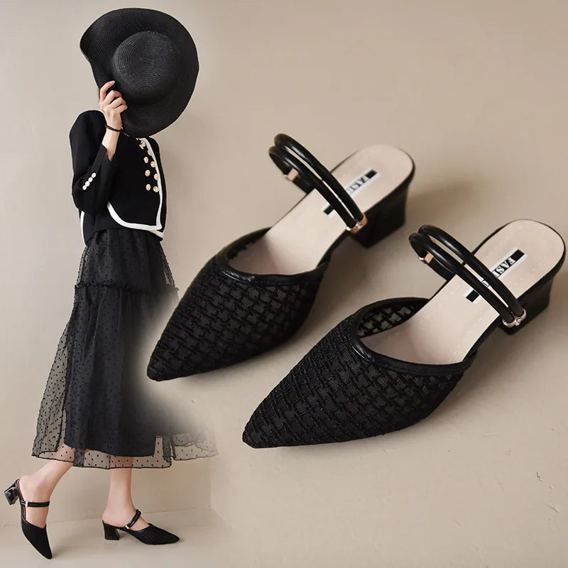 Women's New Slippers Minimalist Fashionable Thick-heeled Slip-on Sandals Summer Two-way Outer Wear One Line High Heel Slippers - Belvar