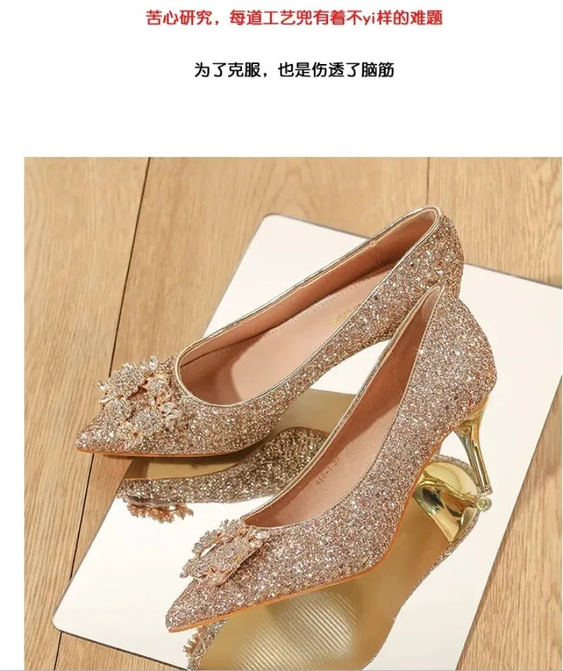Womens High Heel Shoes Fad Elegant Crystal Pointed Toe Pumps Retro Shallow Mouth Banquet Party Wedding Women Shoes Zapatos Mujer - Belvar