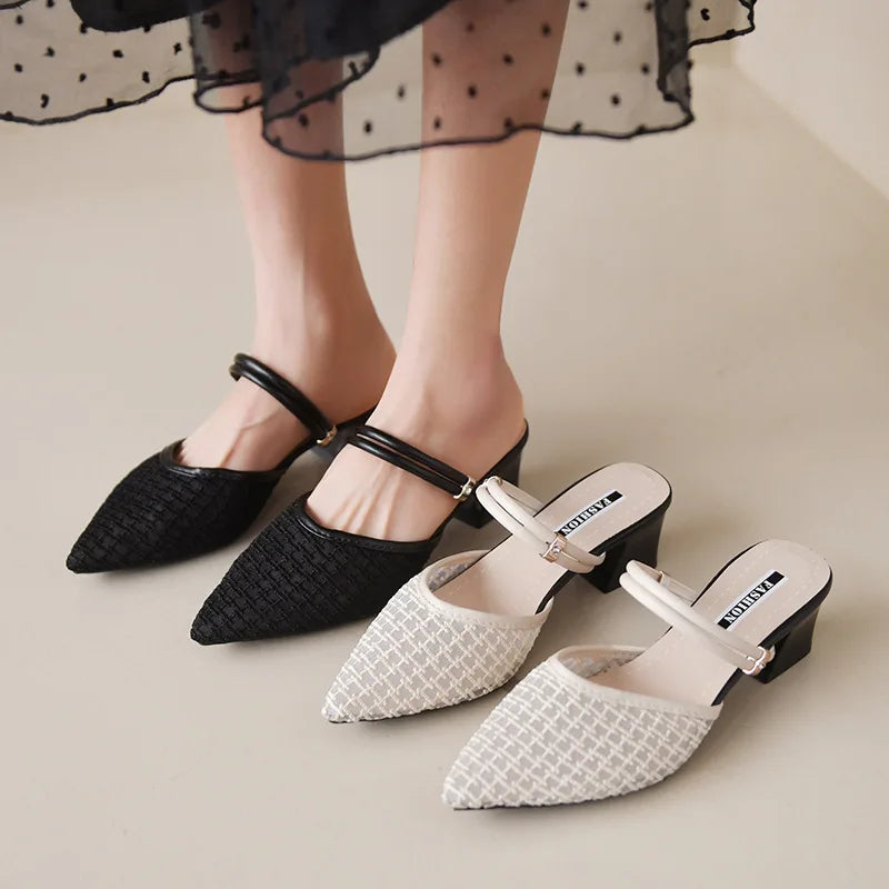 Women's New Slippers Minimalist Fashionable Thick-heeled Slip-on Sandals Summer Two-way Outer Wear One Line High Heel Slippers - Belvar