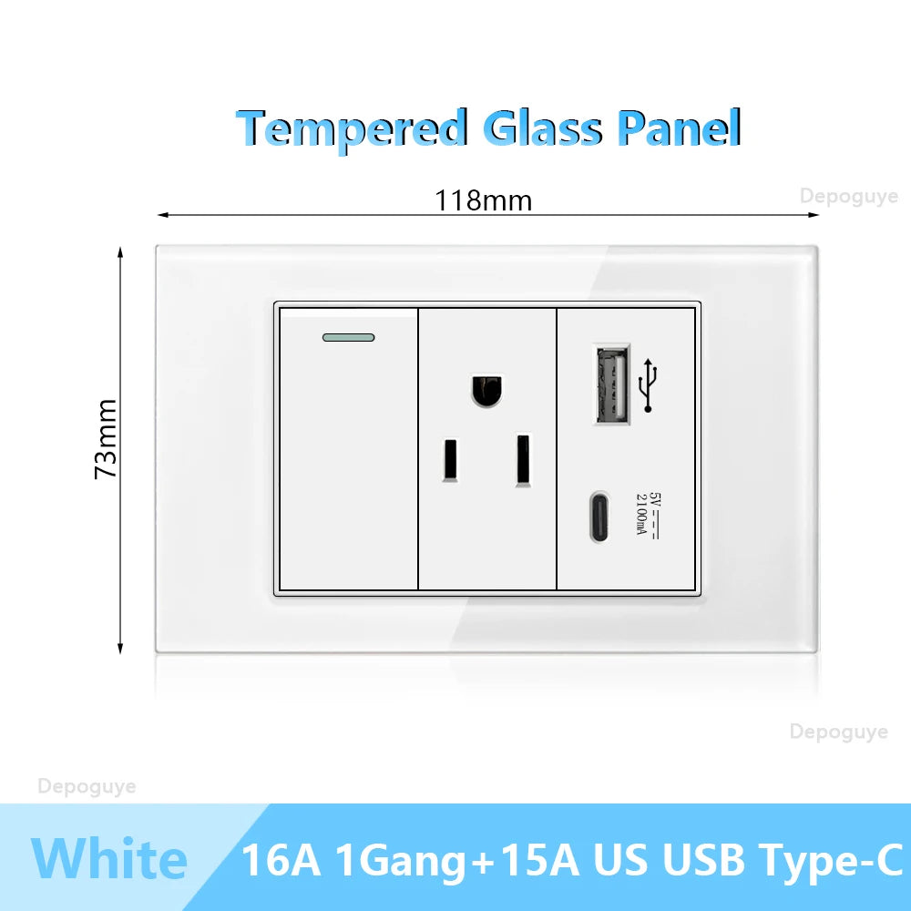US Wall Switch Power Socket with USB Type-c Quick Charger,American Mexico White Tempered Glass Plug Outlet,Light Switch Panel