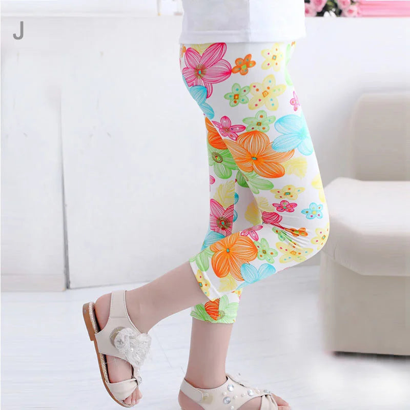 3-10years Girls Cropped Trousers Floral Print Flower Kids Calf Length Skinny Pants Stretch Leggings Children All-matches Bottoms