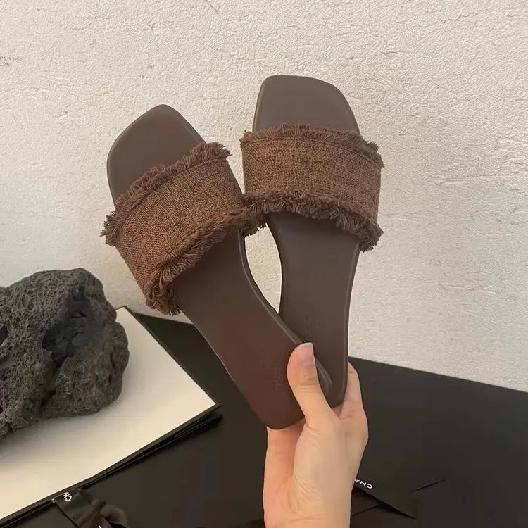 Women's Slippers Solid Color Open-toe Set Foot Vacation Beach Flat Sandals Casual Flip Flops Summer Indoor Women Slides Shoes - Belvar