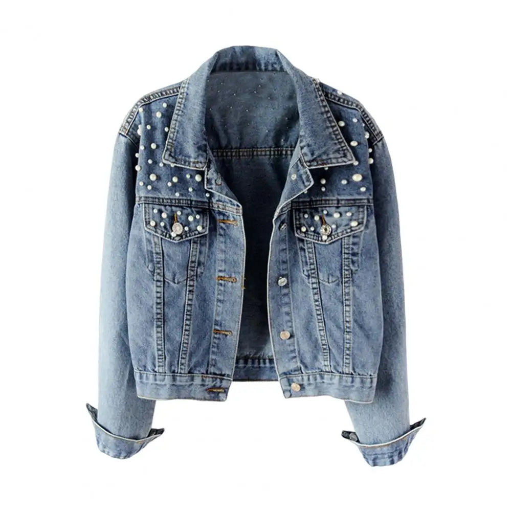 Trendy Women Denim Jacket Firm Stitching Autumn Denim Jacket Breathable Cardigan Imitation Pearl Autumn Coat Beads Decor