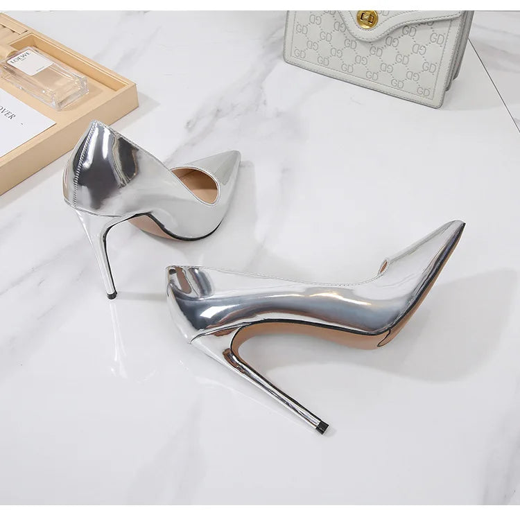 High Heels for Women ELEGANT Sweet Fashion British Style Slip-On 12CM Thin Heels Pointed Toe Office Career Women Shoes Gold 46 - Belvar